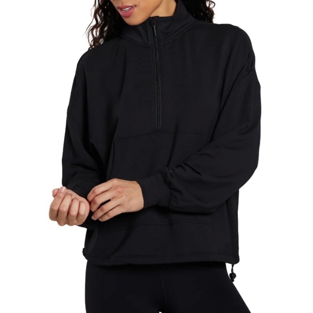 Tavi Cozy Half Zip, Black, kangaroo pocket, waist cinch cord, Size Small